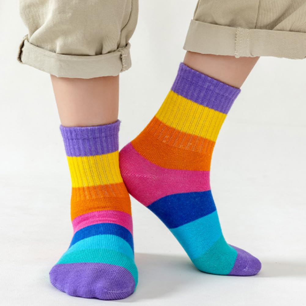 AKAMAS 5 pares de calcetines de ocio a rayas coloridos para niños y niñas, calcetines deportivos con patrón de rayas de arco iris para niños