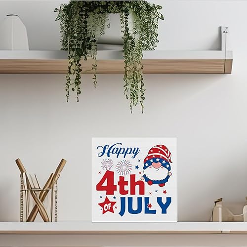 Miniatura 4 de Letrero del 4 de julio, decoración del Día de la Independencia, feliz 4 de julio, caja de madera patriótica, gnomo, cuadrado, letrero de madera,