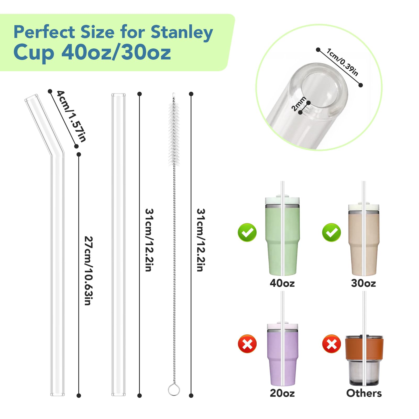 6 pajitas de cristal largas de 31 cm transparentes de repuesto para Stanley Cups 30 oz, 40 oz Adventure Quencher, pajitas reutilizables con 2 cepillos de limpieza