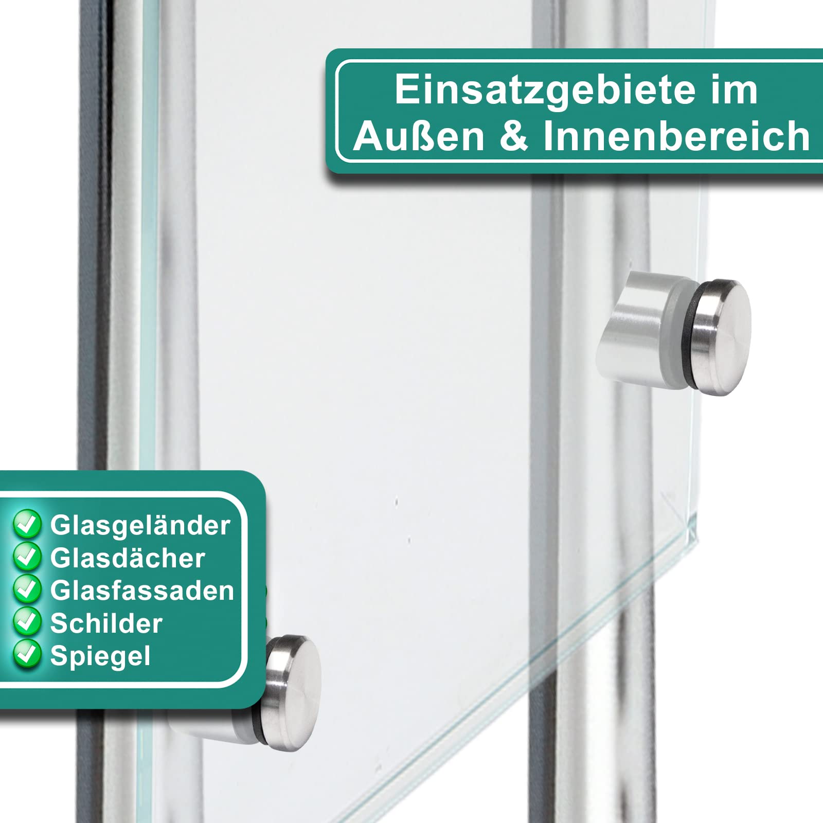 PRIOstahl Glaspunkthalter Punkthalter Glashalter x 8 Halter mit M8 Schraube + Gummieinlagen für Glas 6mm bis 12,76mm Anschluss Ø 42,4mm für Glasscheiben Plexiglas Balkon Geländer aus Edelstahl V2A