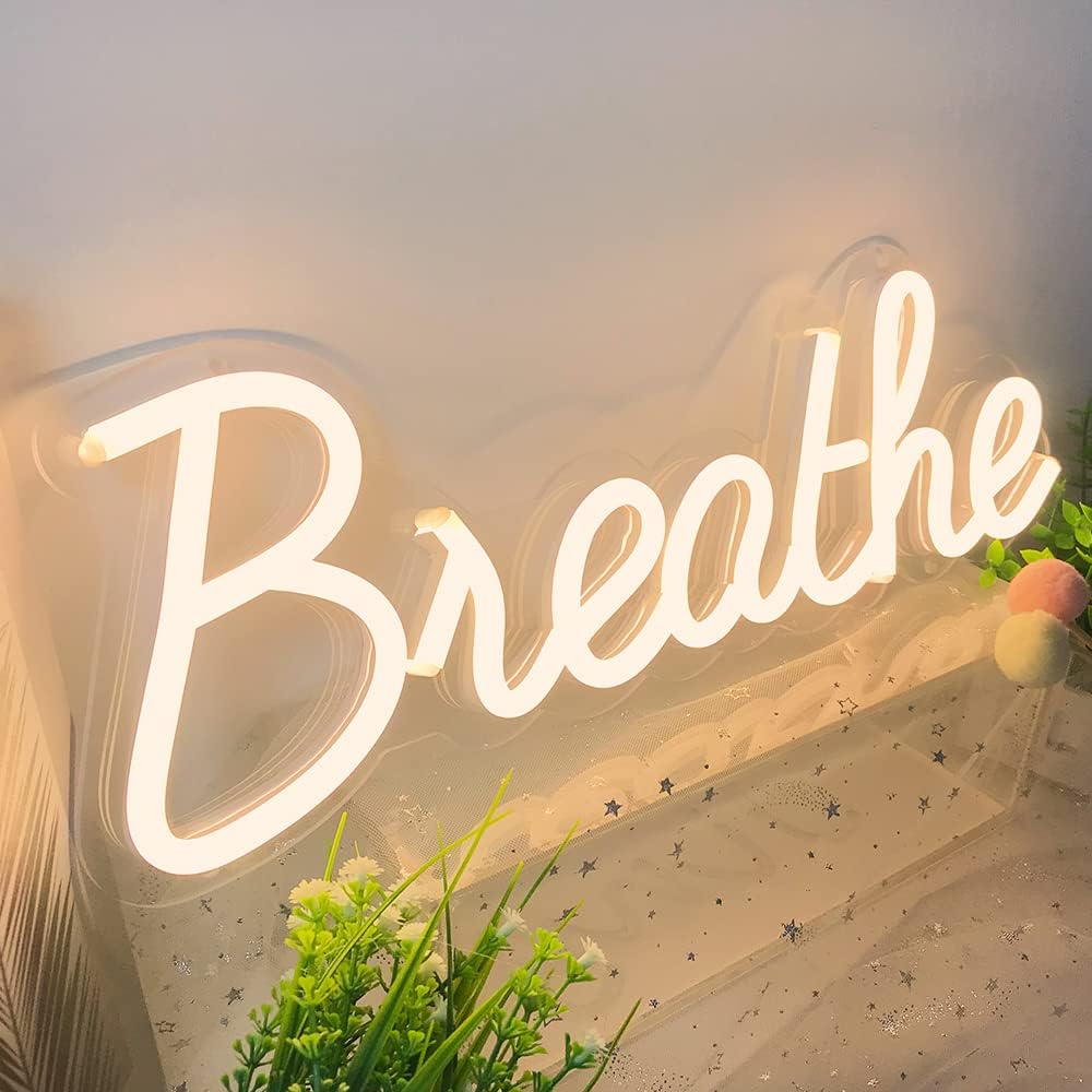 Breathe Neon Sign for Wall Decor by 5V USB Powered, Neon Breathe Signs with Dimmer Switch for Home, Yoga Studio Bedroom Readingroom, Lounge Wall Decoration Size 17x6 inches Warm White Yoga Studio Decor