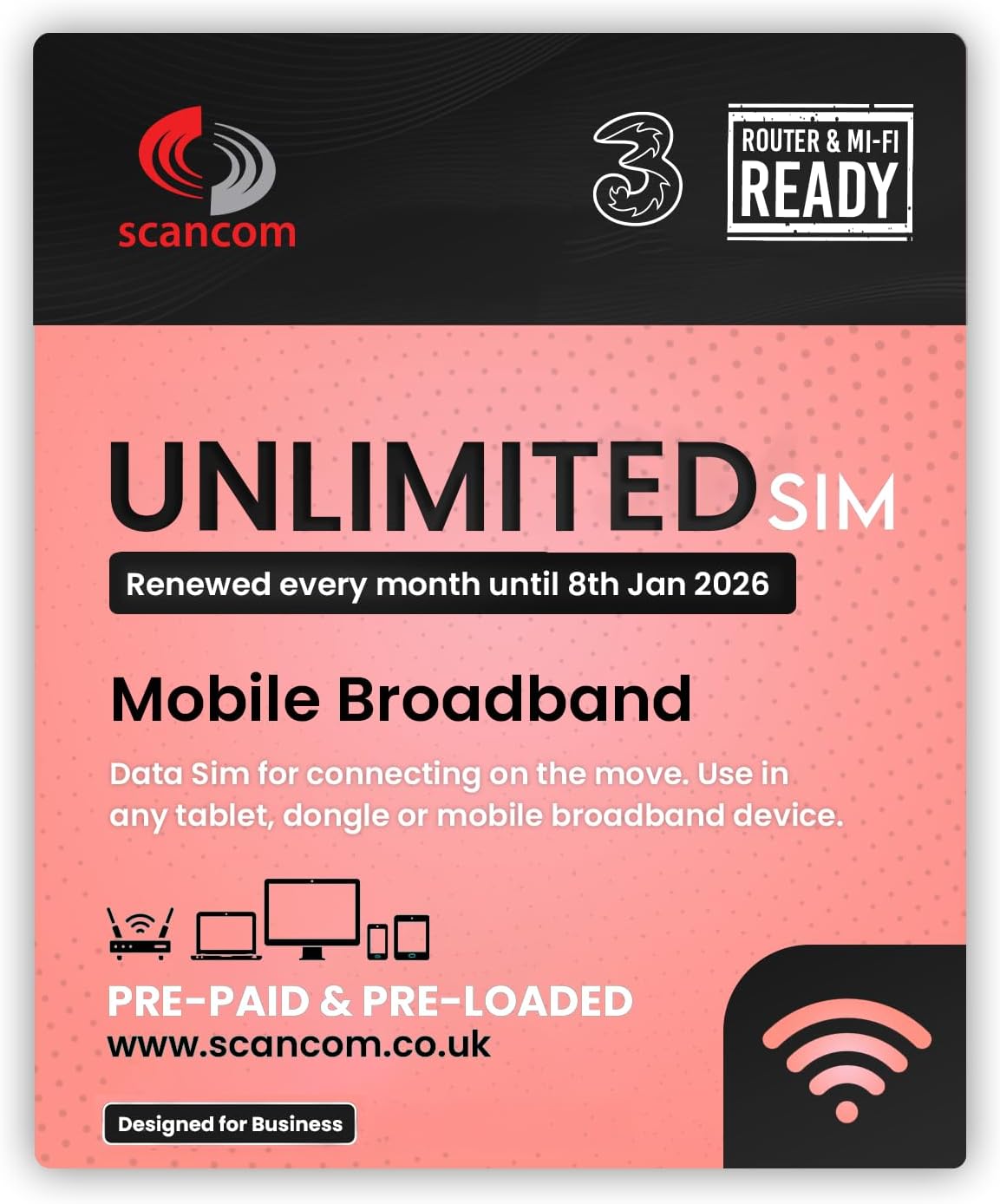 Three Unlimited Data SIM - Uncapped 5G - Preloaded MONTHLY Until January 2026 - Plug & Play for Routers & Phones - Access to Three & Vodafone - Connects to the Strongest Signal available