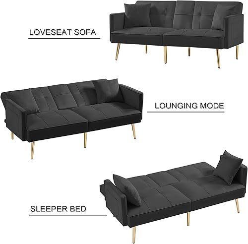 Miniatura 3 de SEVENWOOD Sofá cama futón de terciopelo con soporte para tazas, cama de dos plazas pequeña de terciopelo, moderno sofá cama plegable con 2 almohadas
