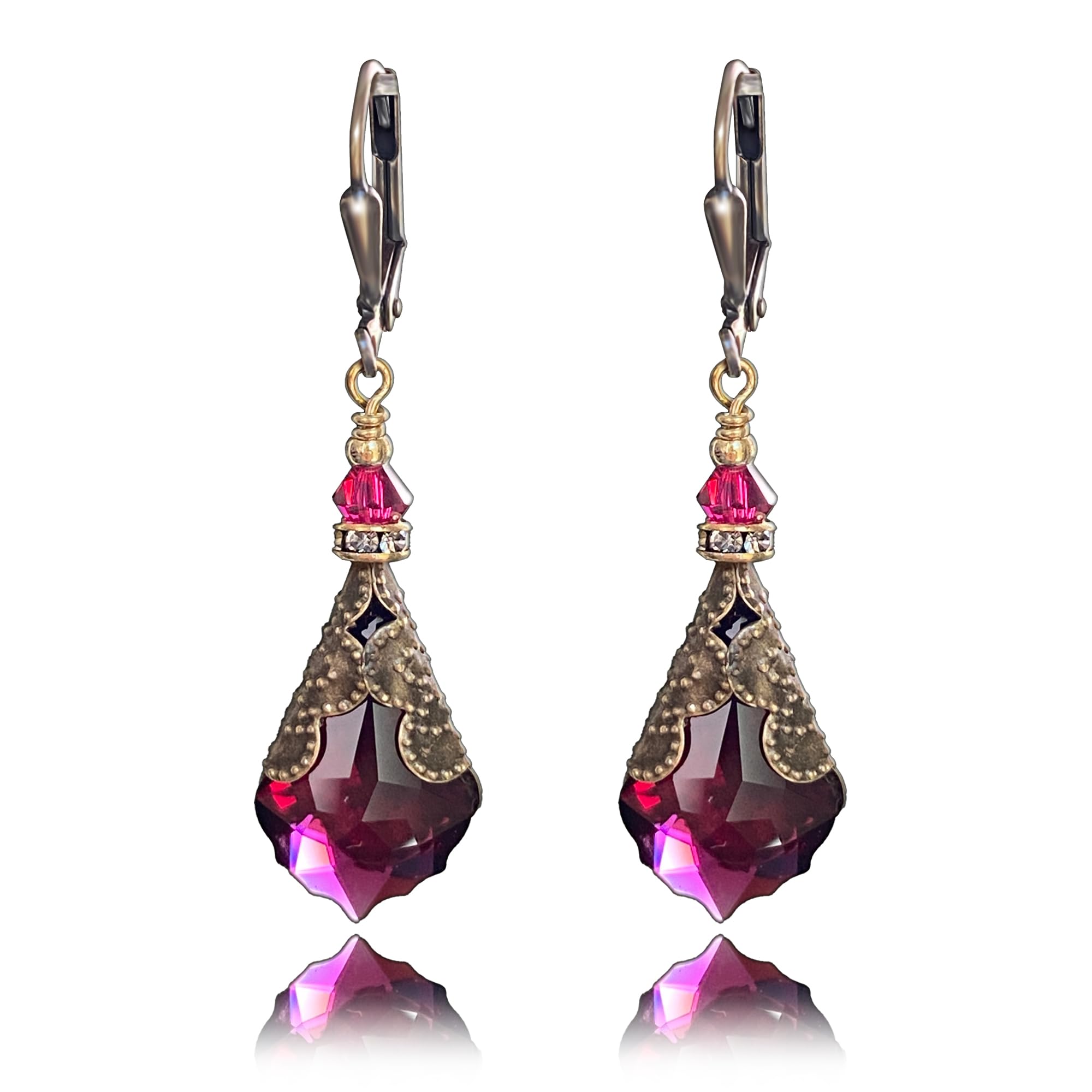 Antique Inspired Vintage Victorian Dangle Drop Earrings for Women - Colored Austrian Crystal Leverback Earrings - Jewelry Gift for Her - Bronze Red