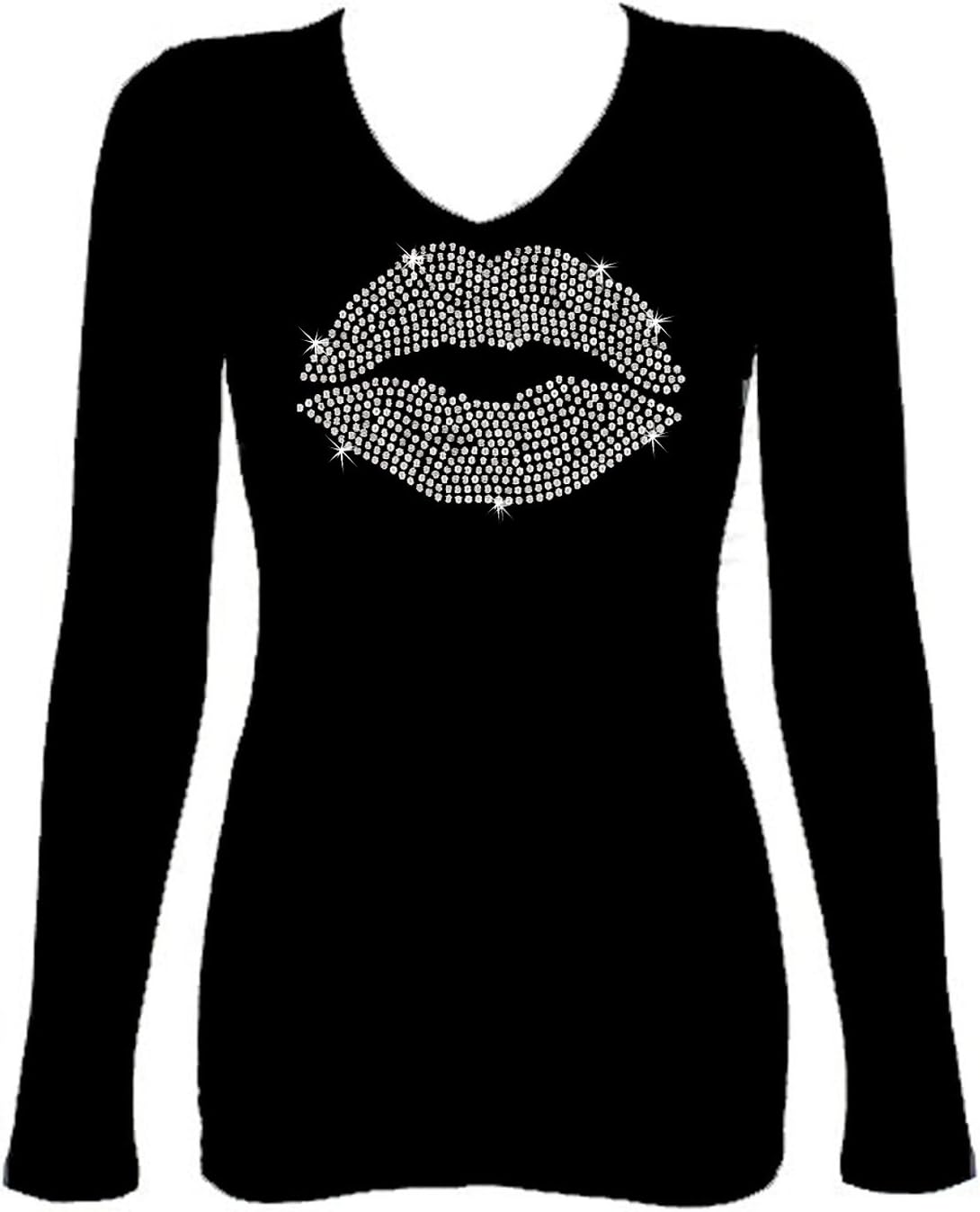 Lips Angel Wings Kiss Rhinestone Sequins V Neck Long Sleeve Tee Shirt