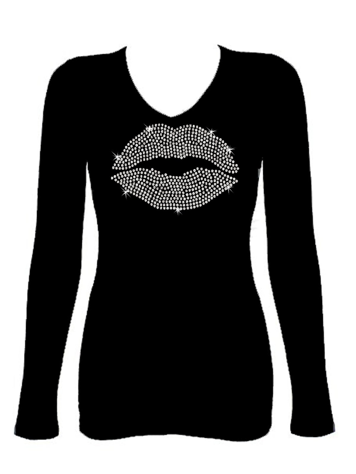 Lips Angel Wings Kiss Rhinestone Sequins V Neck Long Sleeve Tee Shirt