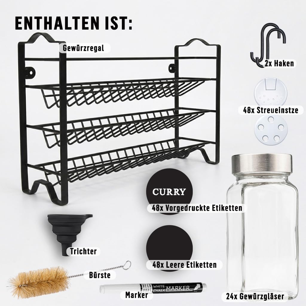 Deco haus® Gewürzregal Stehend & Wand [MIT GEWÜRZDOSEN & ETIKETTEN] - Spices Gewürz Organizer - Spice Rack - Gewürzständer - Gewürzregalsystem Hängend - Gewürzaufbewahrung - Gewürzgläser mit Regal