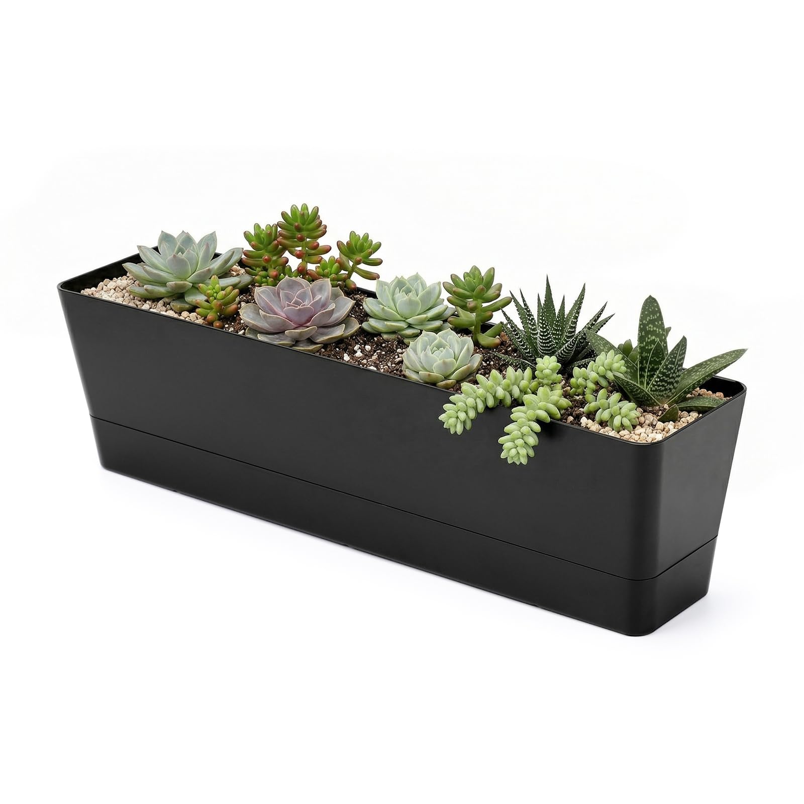 GREANER 16x3.8 Inch Herb Window Boxes 1PCS, Black Planter with Removable Trays and Drainage Holes, Succulent Flower Rectangular Plastic Pot for Balcony, Office, Windowsill, Garden, Indoor Outdoor Use