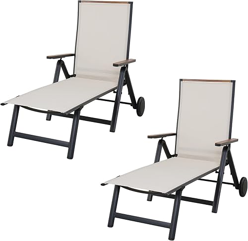 Miniatura 15 de Grand patio Sillón de mimbre para exteriores de 4 posiciones ajustable plegable de aluminio para patio, tumbona con cojín beige