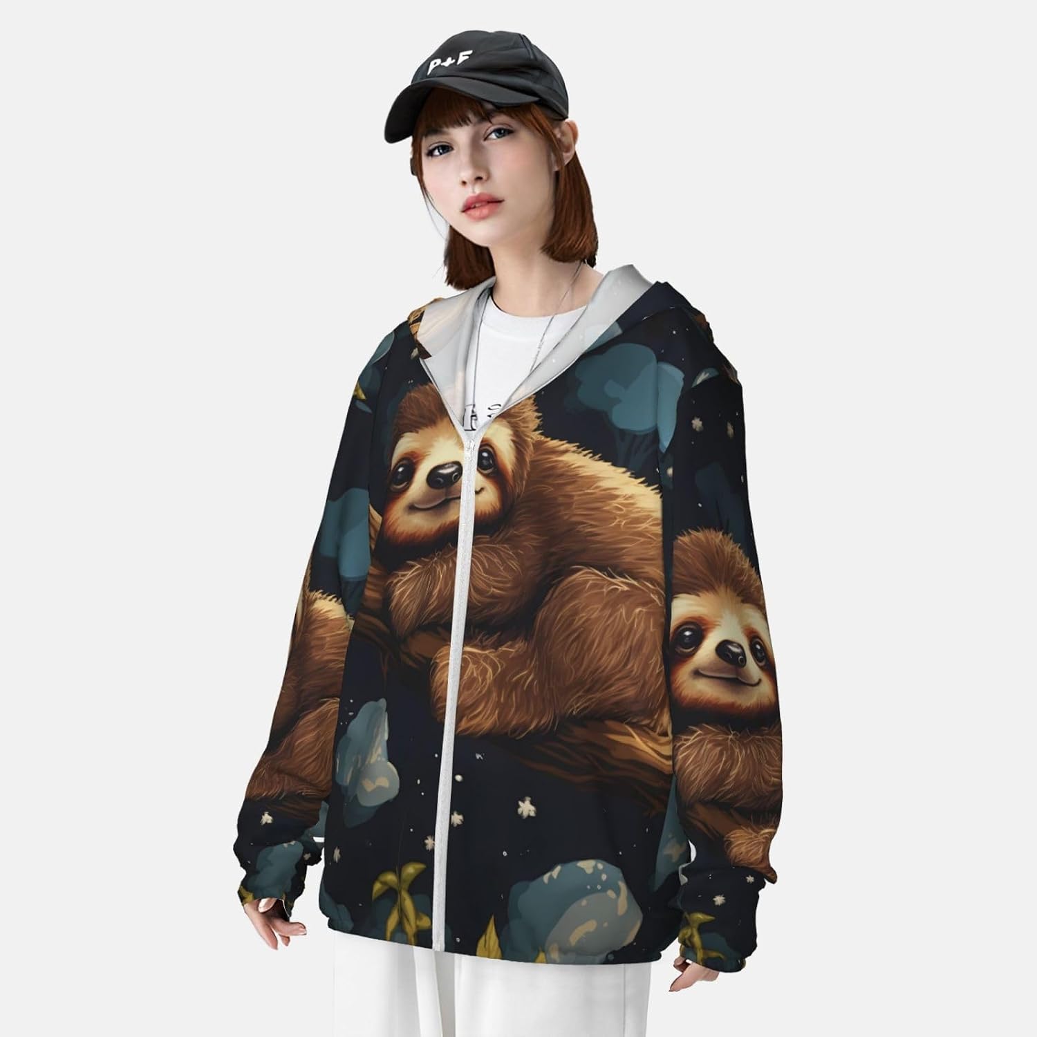 UPF 50+ Cute Baby Sloths Sleeping Sun Protection Hoodie Jacket Quick Dry Rash Guard Long Sleeve Sun Shirt