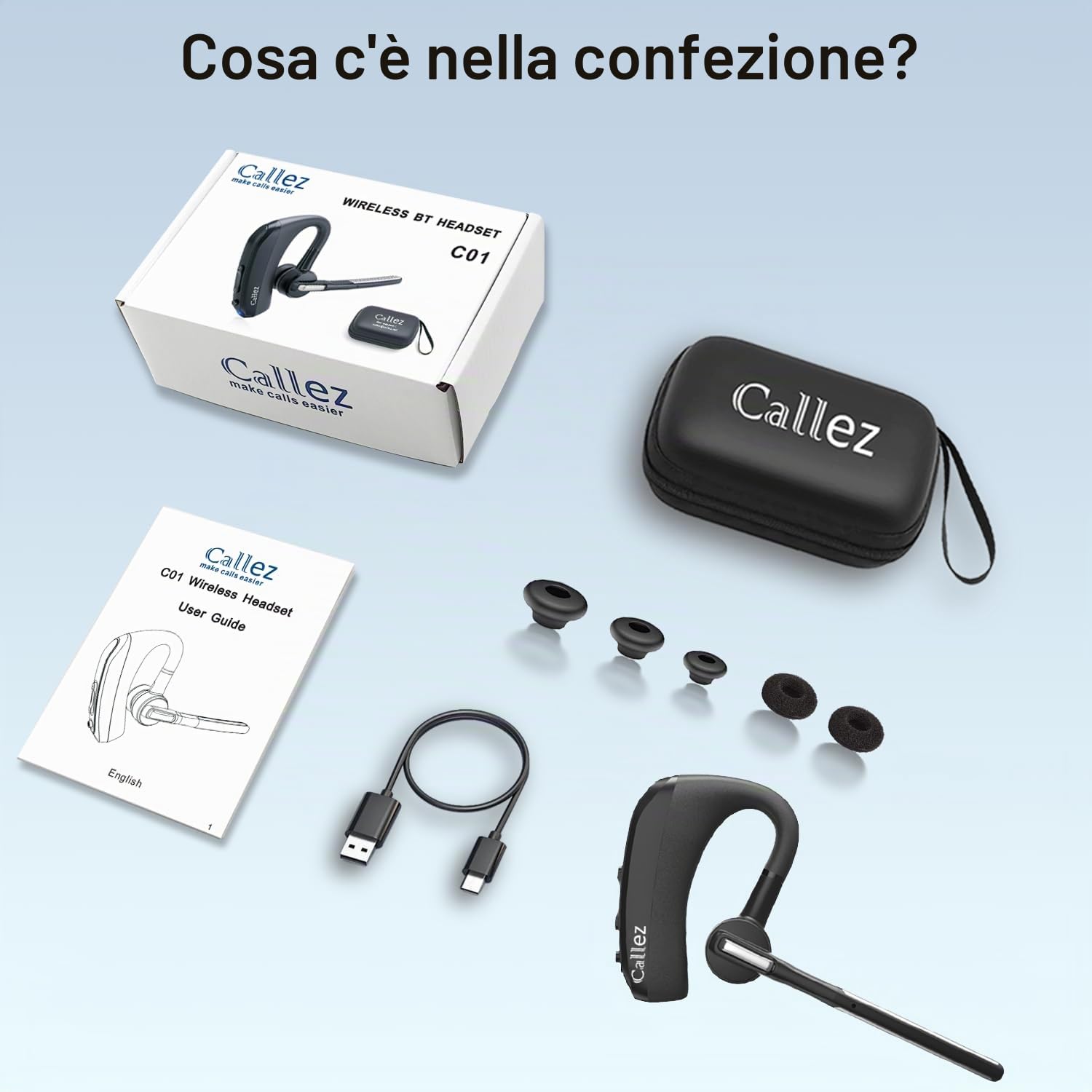 Callez Auricolare Bluetooth per iPhone Samsung Cellulare, Auricolari Bluetooth Singolo V5.0 con CVC8.0 Doppio Microfono ENC Cancellazione del Rumore Cuffie Wireless per Guida Ufficio Lavoro