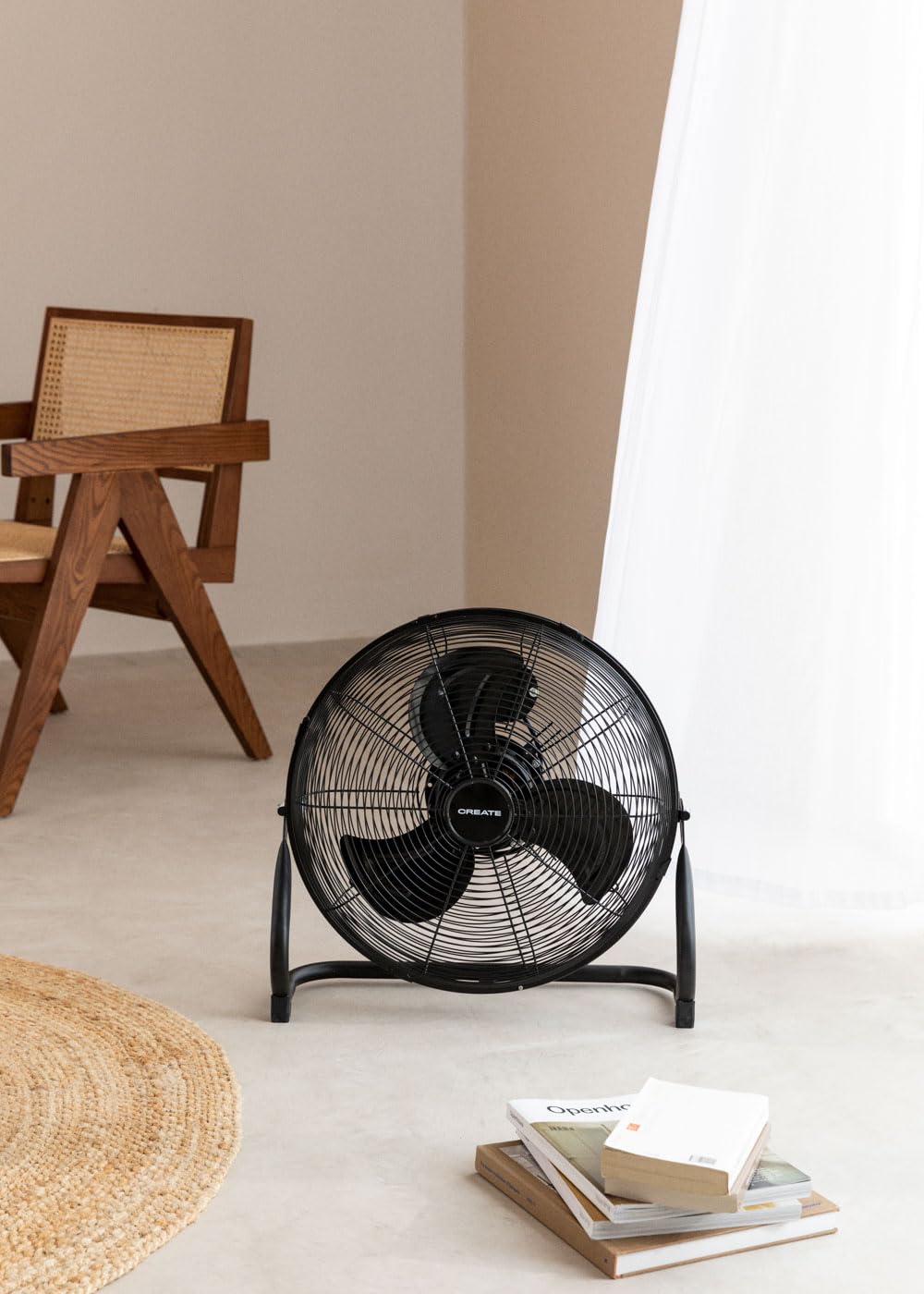 CREATE / AIR FLOOR RETRO/Ventilador industrial de suelo negro/Ventilador 16 pulgadas,flujo de aire potente, 3 velocidades,silencioso,ligero, patas antideslizantes, 70W