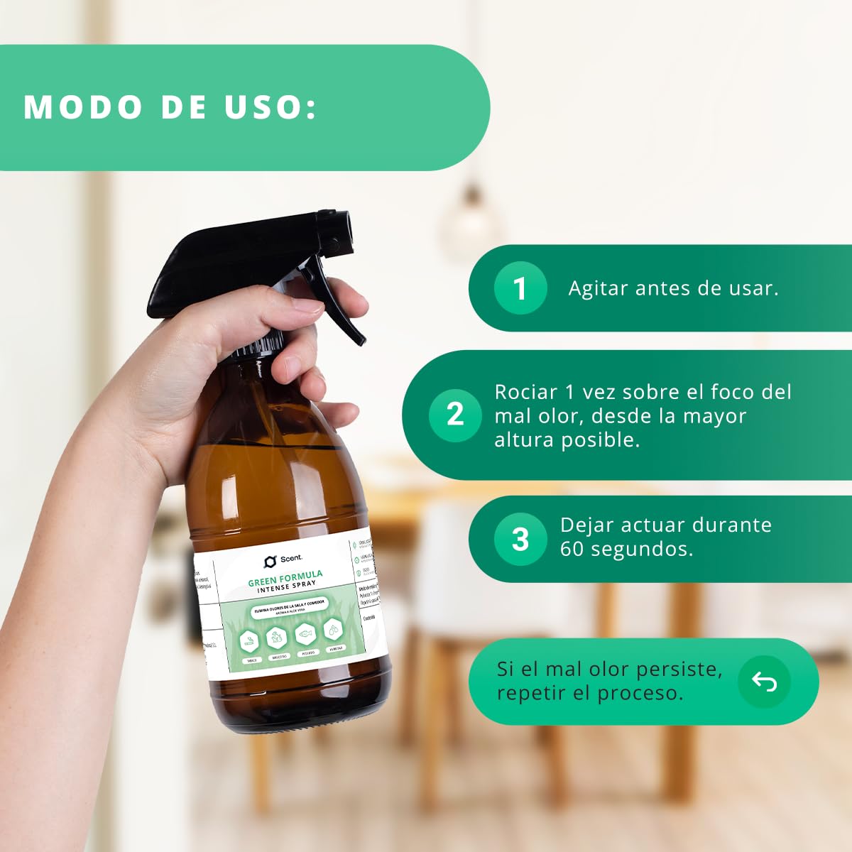 Neutralizador líquido de Olores Multiusos Spray - Fórmula Green - Ideal para eliminar el olor a humedad, mascotas, pescado, comida…, entre otros - Aroma Aloe vera - SCENTECHNOLOGIES (1000 ml)