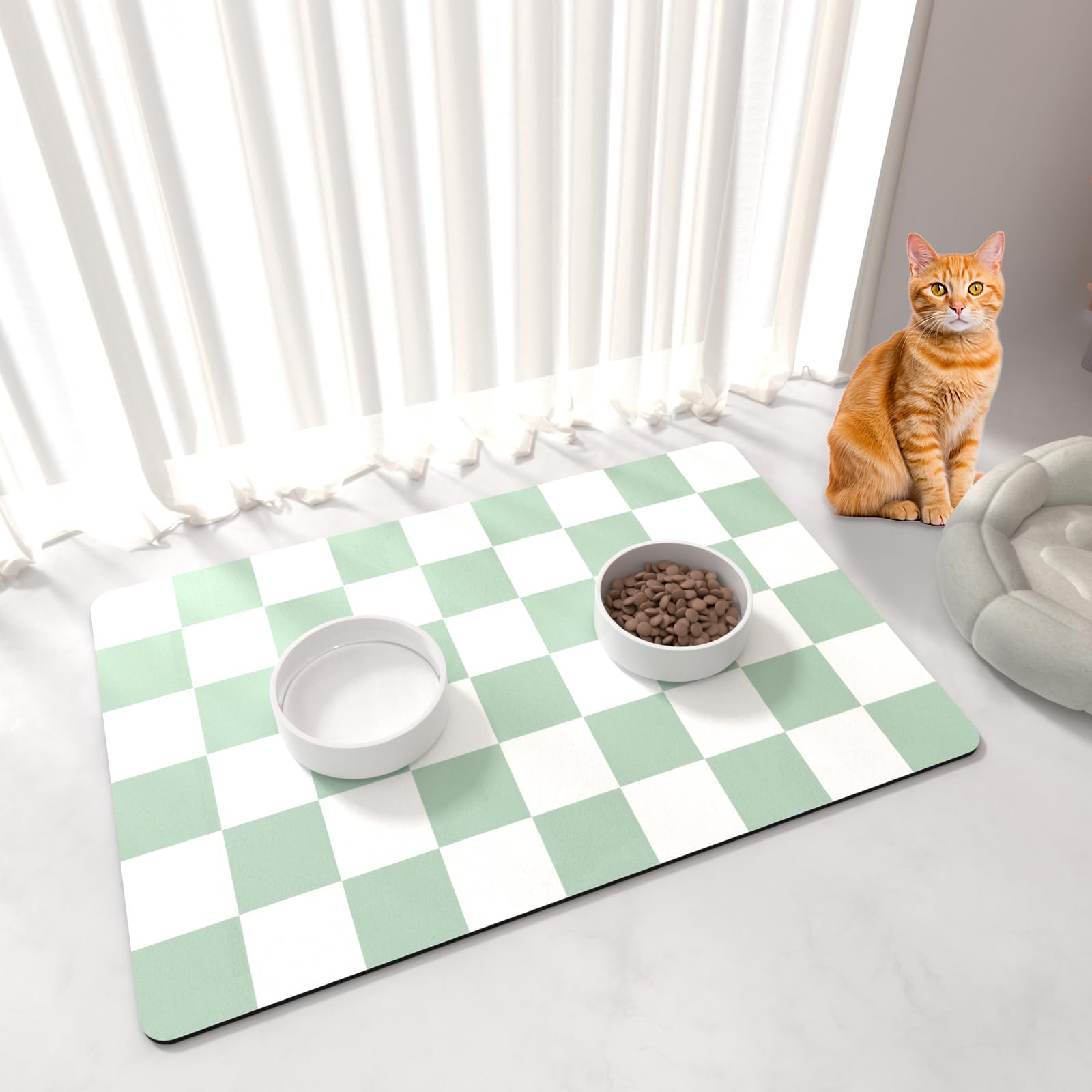Dog Food Mat - 51x30.5CM Cat Dog Mats for Food and Water Bowl, Checkered Pet Placemat Feeding Mat, Non-Slip Under Pet Bowls Mats for Messy Drinkers, Green & White