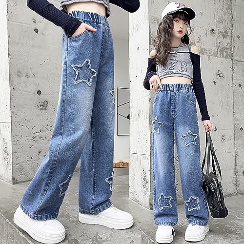 FLOWERKIDS Kids Girls Jeans Elastic Print Casual Baggy Denim Pants Straight Wide Leg Jeans Age 4-14 Years4