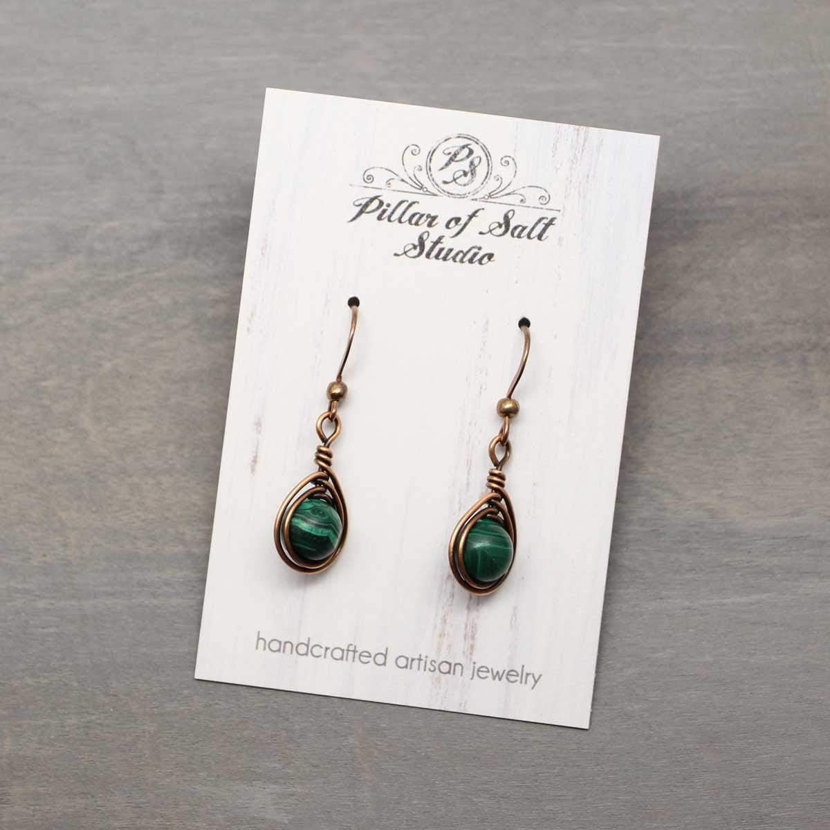 Pillar of Salt Studio Handcrafted Solid Copper Earrings with Genuine Malachite Gemstone (Antiqued Copper, 3/4" drop) - Image 4