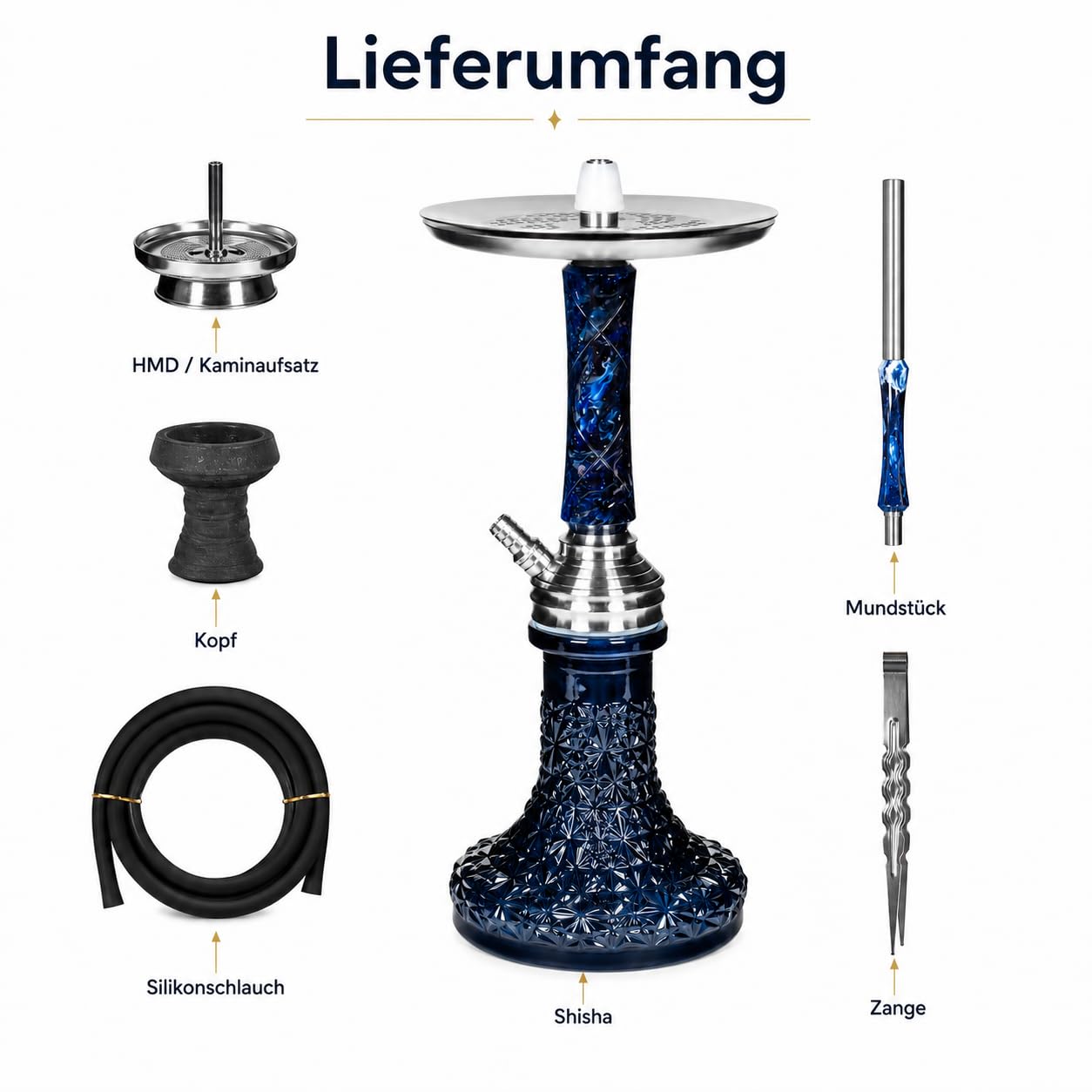 Secret Set completo per narghilè in acciaio inox epossidico, speciale sistema Blow-Off – Set di narghilè grande con tubo da 150 cm con bocchino epossidico e molti accessori