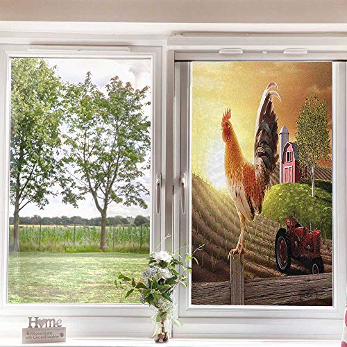 Country Window Film Window Stickers,Farm Barn Yard Image With Rooster Animal Early Bird Nature And Rising Sun Print Window Film No Glue For Glass Door Home House Ofiice,Pale Brown Red 24" X 36" #TOP3