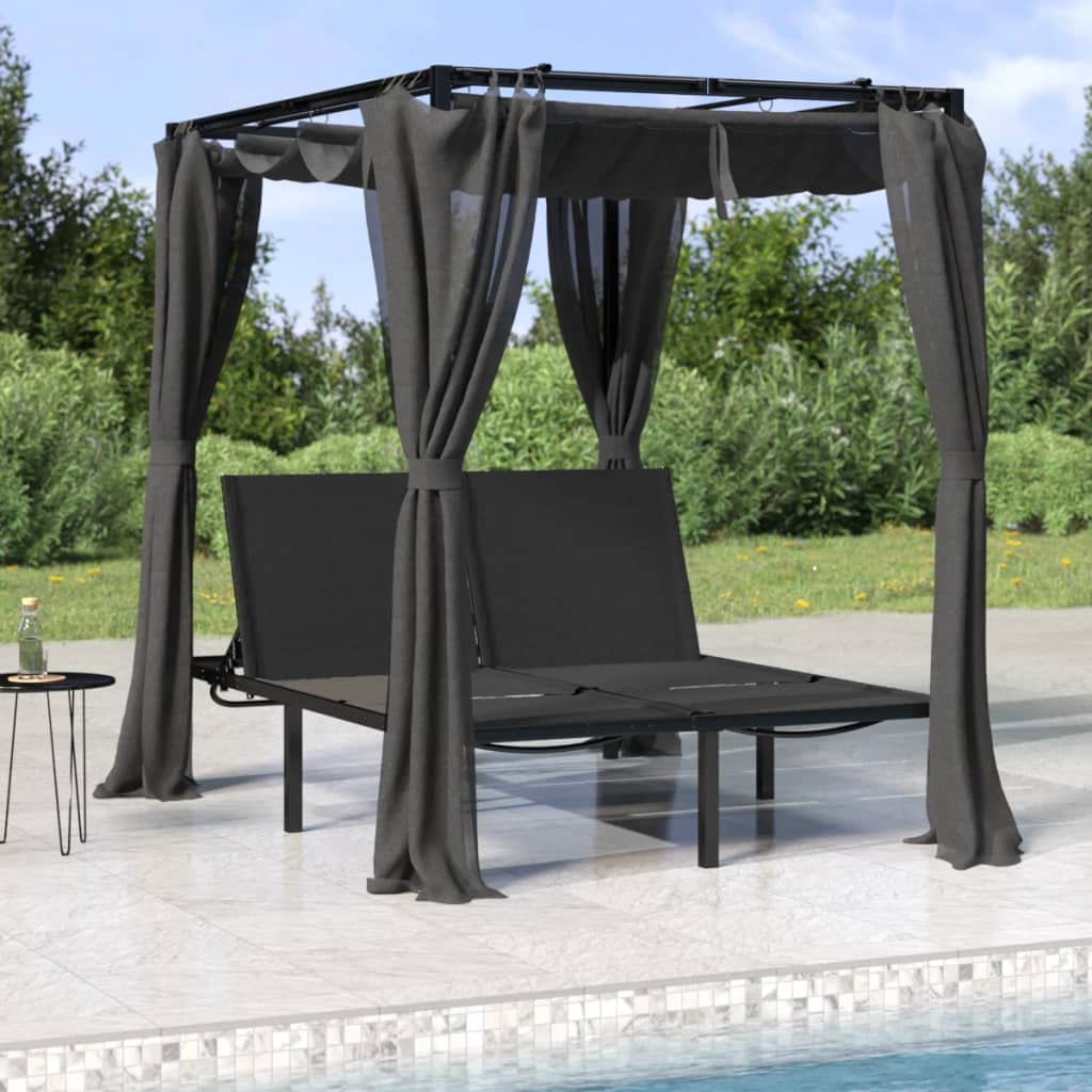 Lit de bain double avec rideaux latéraux et auvent supérieur anthracite, dossier réglable pour détente dans le jardin, piscine patio, cadre stable en acier peint