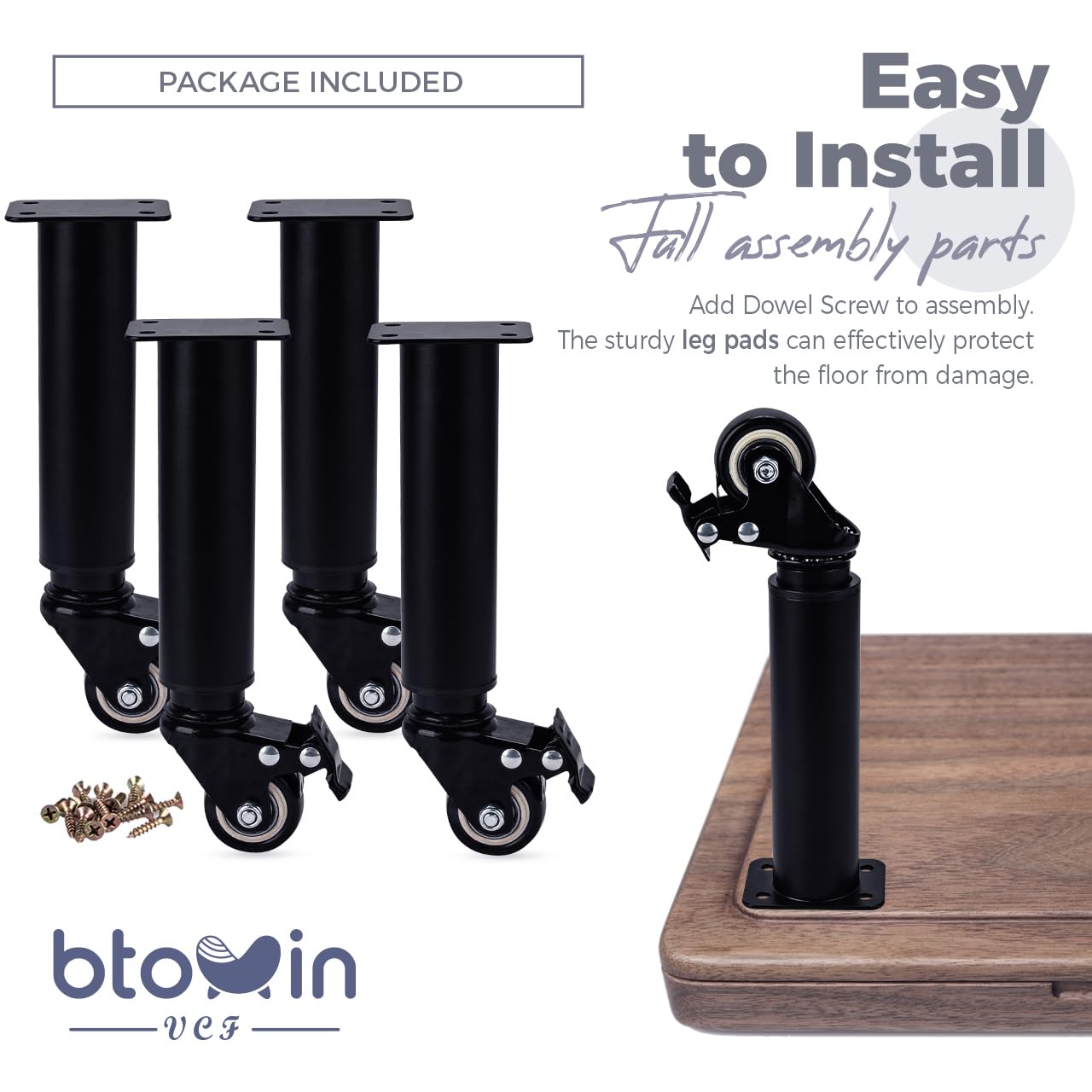 Patas de metal ajustables para muebles de 24 a 36 cm con ruedas giratorias, 4 patas de soporte de repuesto resistentes para gabinete/estante de almacenamiento/silla/aparador/mesa de café