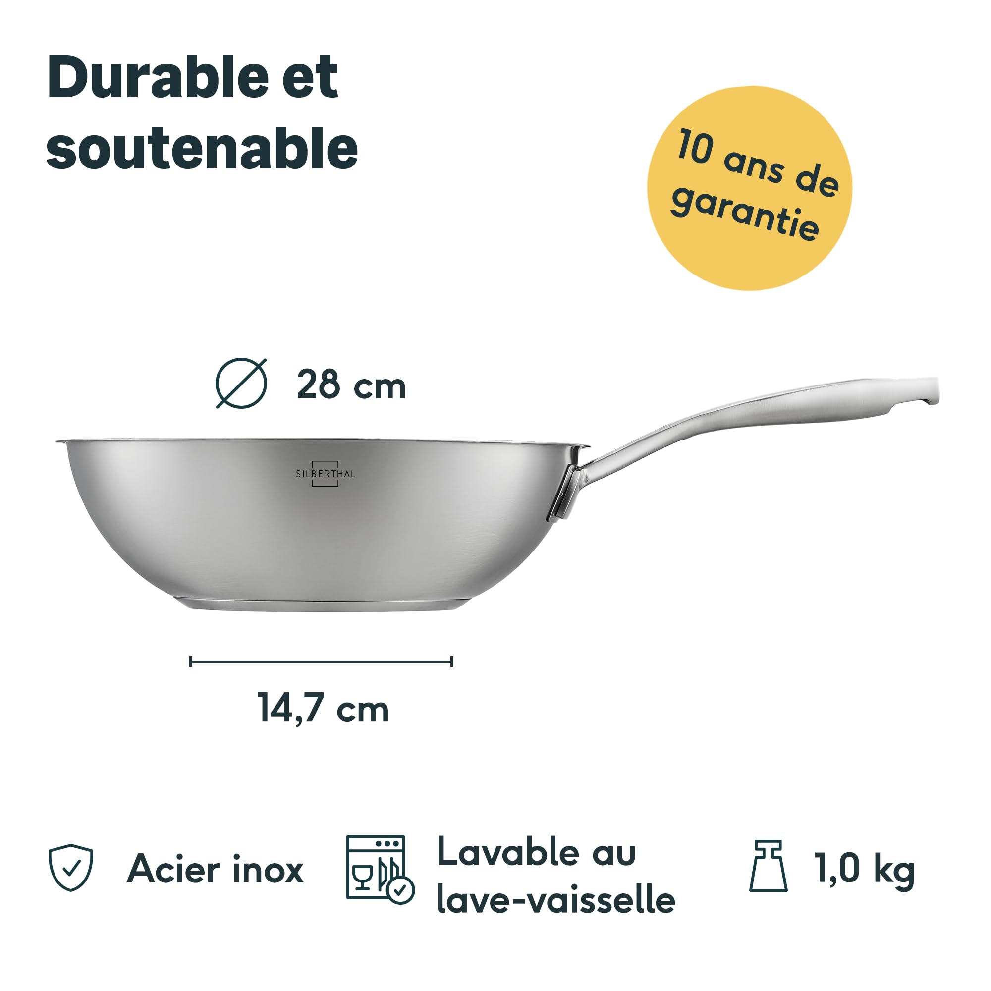 SILBERTHAL Wok Induction Inox 28cm - Sans Revêtement -Bord haute - tous Feux Et Four - Cuisson Rapide Et Saine- Sans PFOA et PFOS
