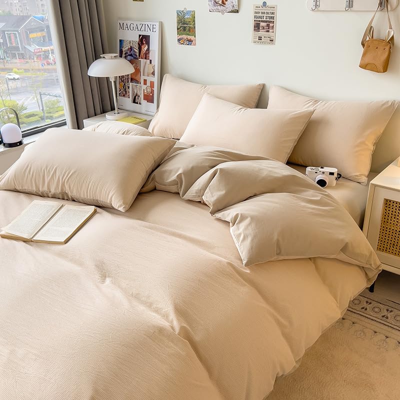 DCSKY Full Size Washed Cotton Duvet Cover Set 3 Piece - 100% Pre-Shrunk Organic Cotton Bedding Set, Ultra Soft Wrinkled Vintage Style with Hidden Zipper (Beige Stripe,80x90 Inches)