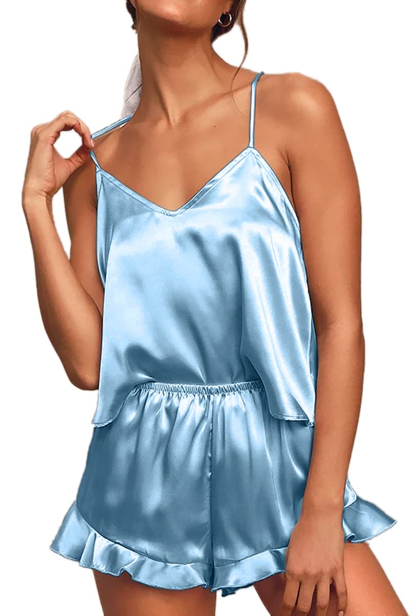 CHYRII Women's Sexy Silk Satin Ruffled Pajamas Sets Cami Shorts Sets Sleepwear