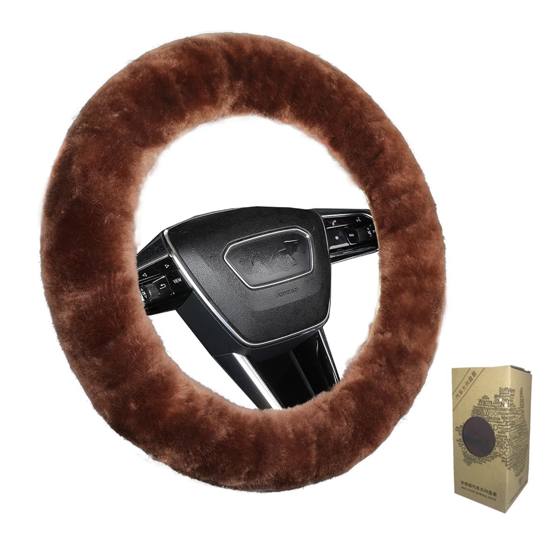 Fluffy Fur Wool Sheepskin car Steering Wheel Cover, Fuzzy Protector for Universal Steering Wheel 15inch, Anti-Slip,Comforting and Luxurious, Soft Texture (Saddle Brown)