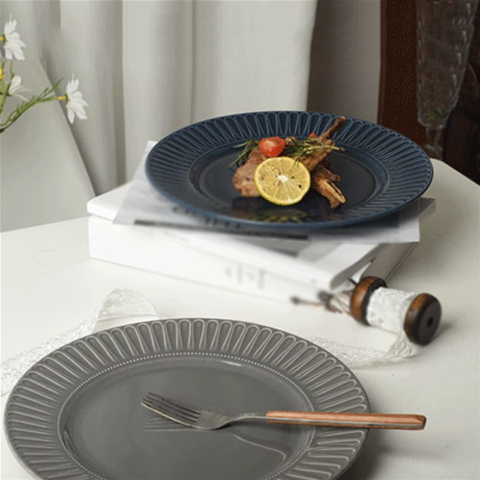 Platos Llanos Plato de Comedor con patrón en Relieve, Plato de Comedor de cerámica for el hogar, Restaurante, cafetería, Plato de Postre, Plato Plano Circular Platos Postre(A)
