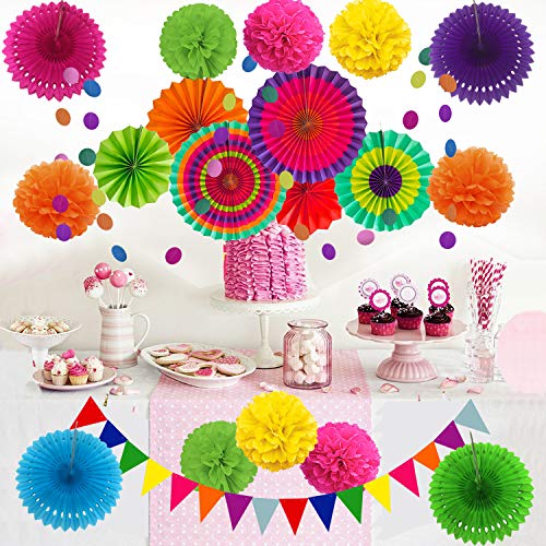 Zerodeco ZC288 Party Decoration, 21 Pcs Multi-Color Hanging Paper Fans, Pom Poms Flowers, Garlands String Polka Dot And Triangle Bunting Flags For Birthday Parties, Wedding Décor, Fiesta Or Mexican Party thumb #5