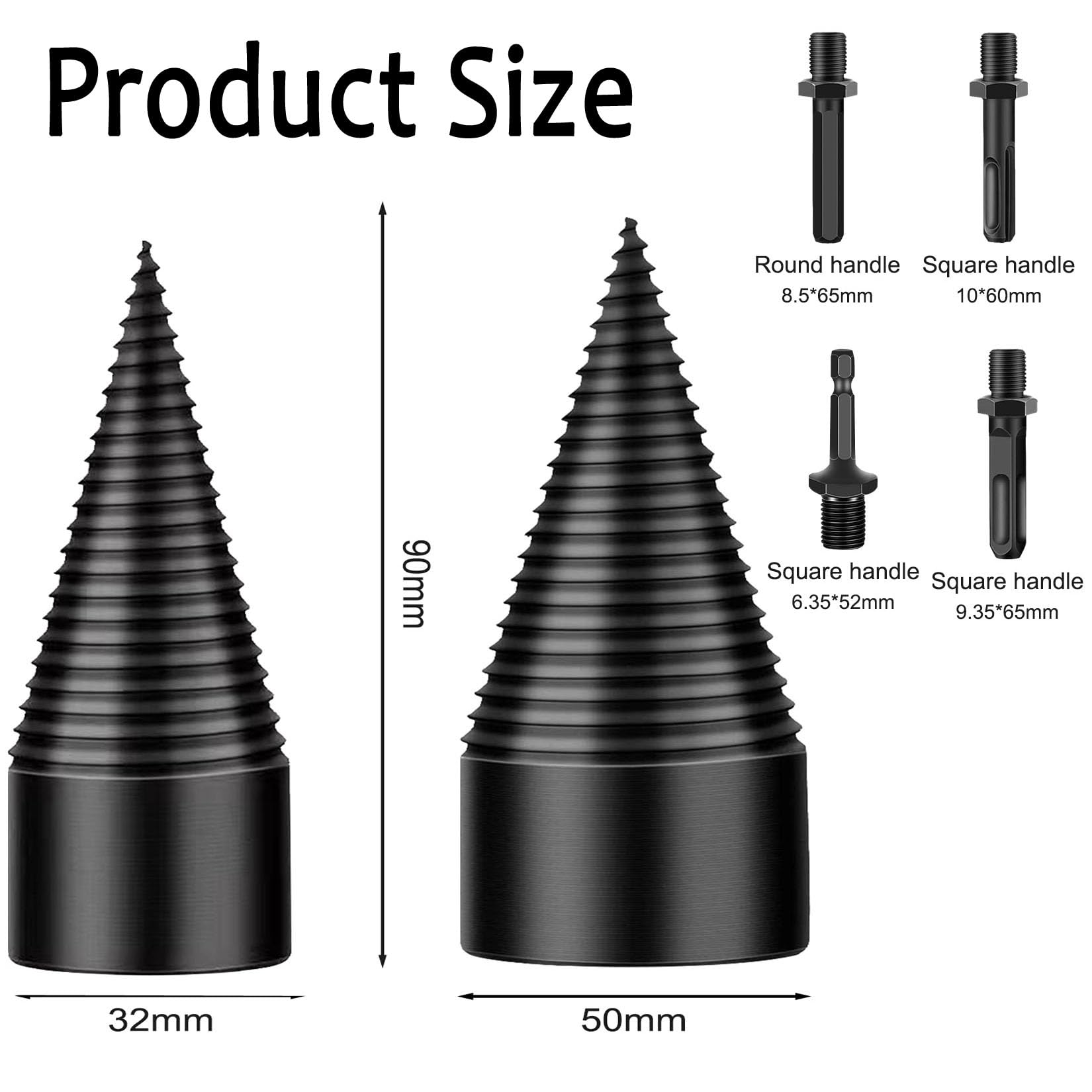 Broca parteleños 50mm + 32mm, Parteleños para taladro con 4 mangos de taladro, Partidor cónico para taladro para partir leña y taladrar
