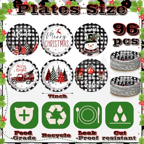 Image of Fourluoo 96 Pcs Christmas Black White Buffalo Plaid Paper Plates Disposable Peppermint Dinner Plates for Xmas Birthday Party Table Decor