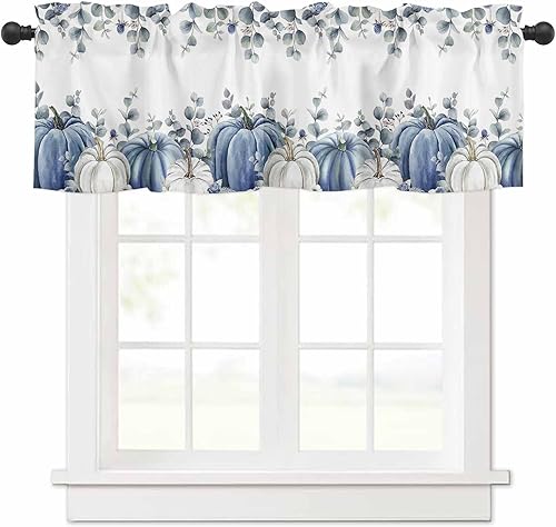 Cenefa de cortina de cocina con calabazas blancas y azules, cenefas cortas de otoño, para sala de estar, dormitorio, baño, cafetería, decoración de