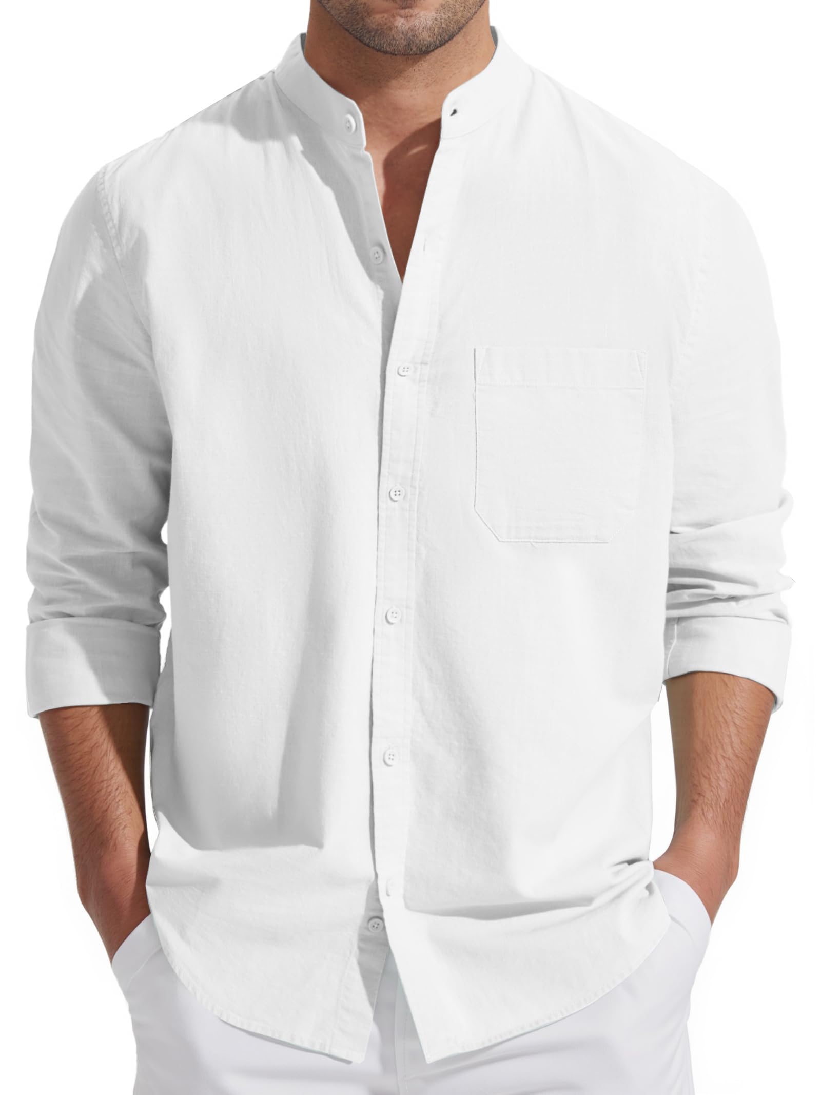 Friptspyg Herren Leinen Hemden Langarm Baumwolle Leinenhemd Stehkragen Sommer Hemd Regular Fit Freizeithemden Strand Hemden mit Tasche