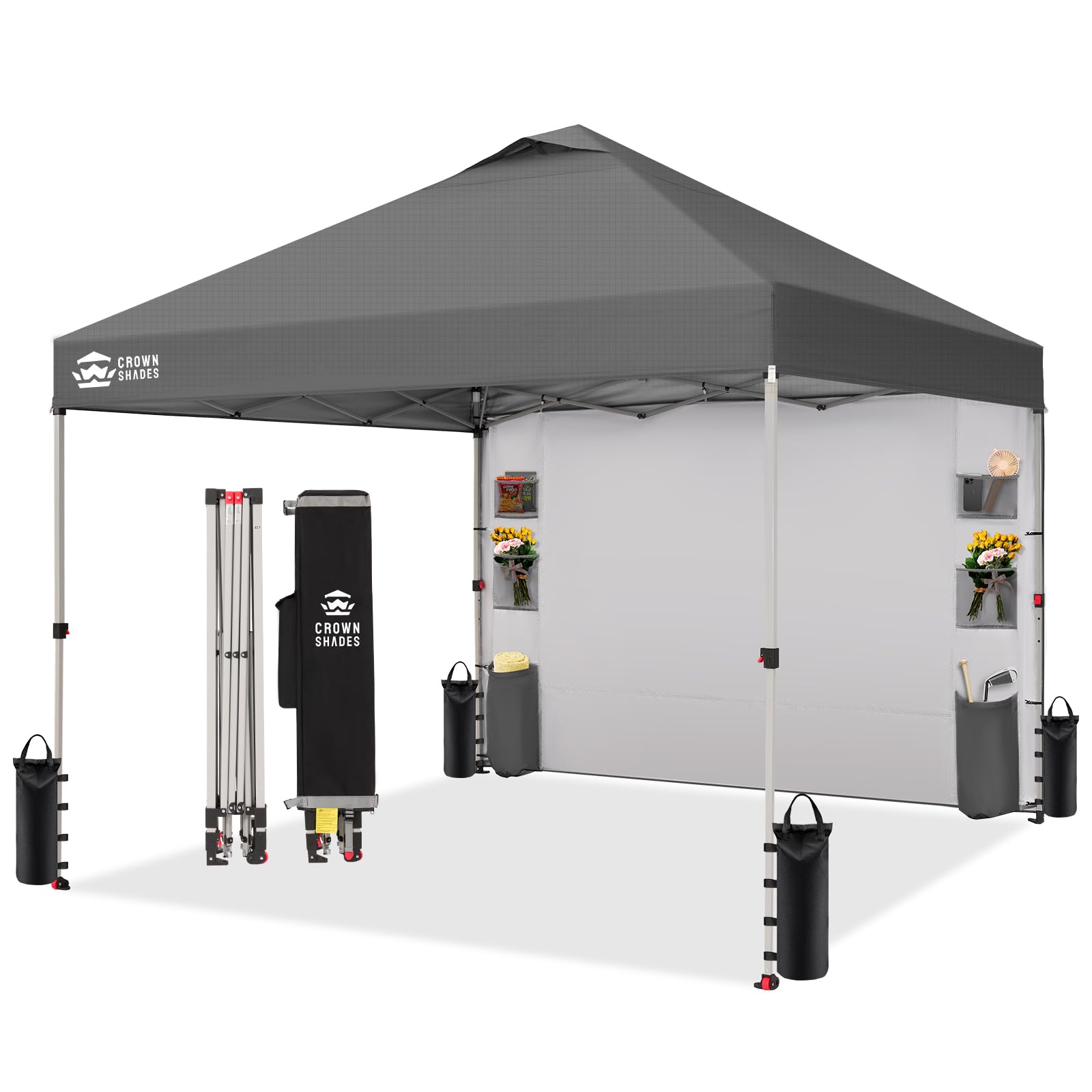 CROWN SHADES Canopy Tent 10x10 Pop Up Canopy Outdoor Shade with Pockets Sidewall, Easy Up Sun Shelter with One Person Set Up Center Lock, Portable Instant Camping Beach Canopies Tents, Grid Grey