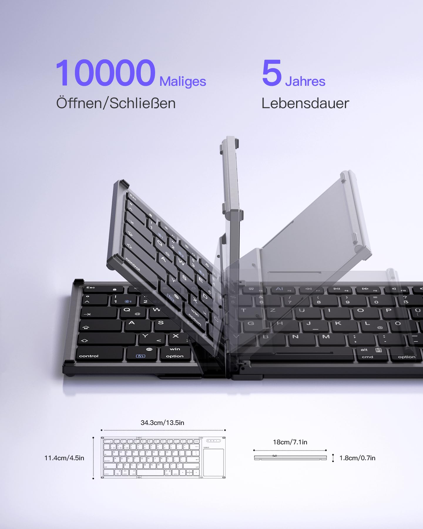 Inateck Faltbare Mini Tastatur, KI-Funktion mit Touchpad,3 Bluetooth-Kanälen, kompatibel mit iPadOS Android, Windows, QWERTZ, KB06101