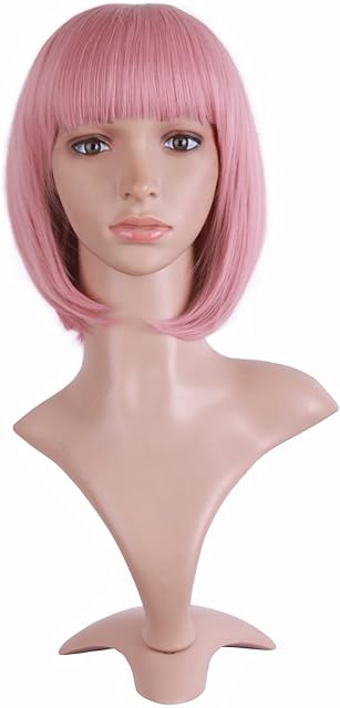 MapofBeauty 12"/30cm Natural Ladies Short Straight Wigs Flat Bangs Bob Wig (Pink)