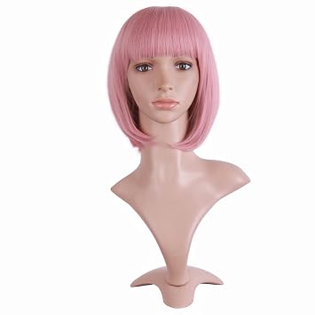 MapofBeauty 12 Inch Lady Short Straight Flat Bangs Bob Wig, Rouge Pink