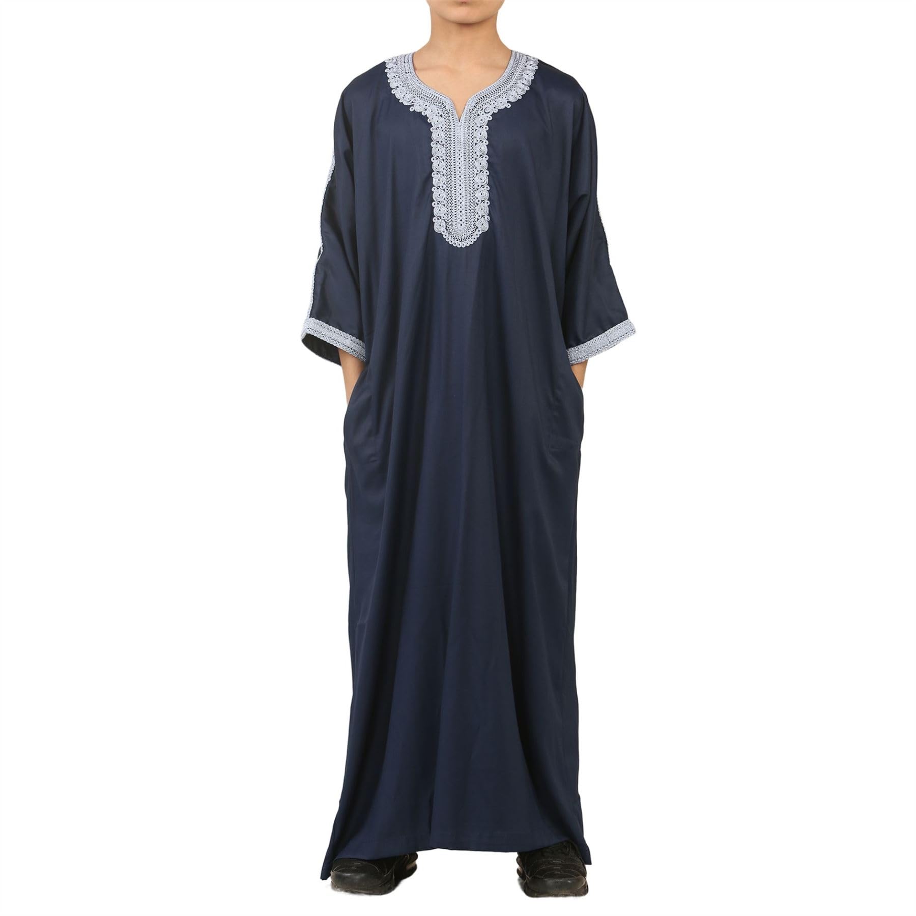 Thobez Boys Navy Blue Navy Moroccan Thobe Short Sleeve Gandoura Blue Embroidery Kaftan - 50