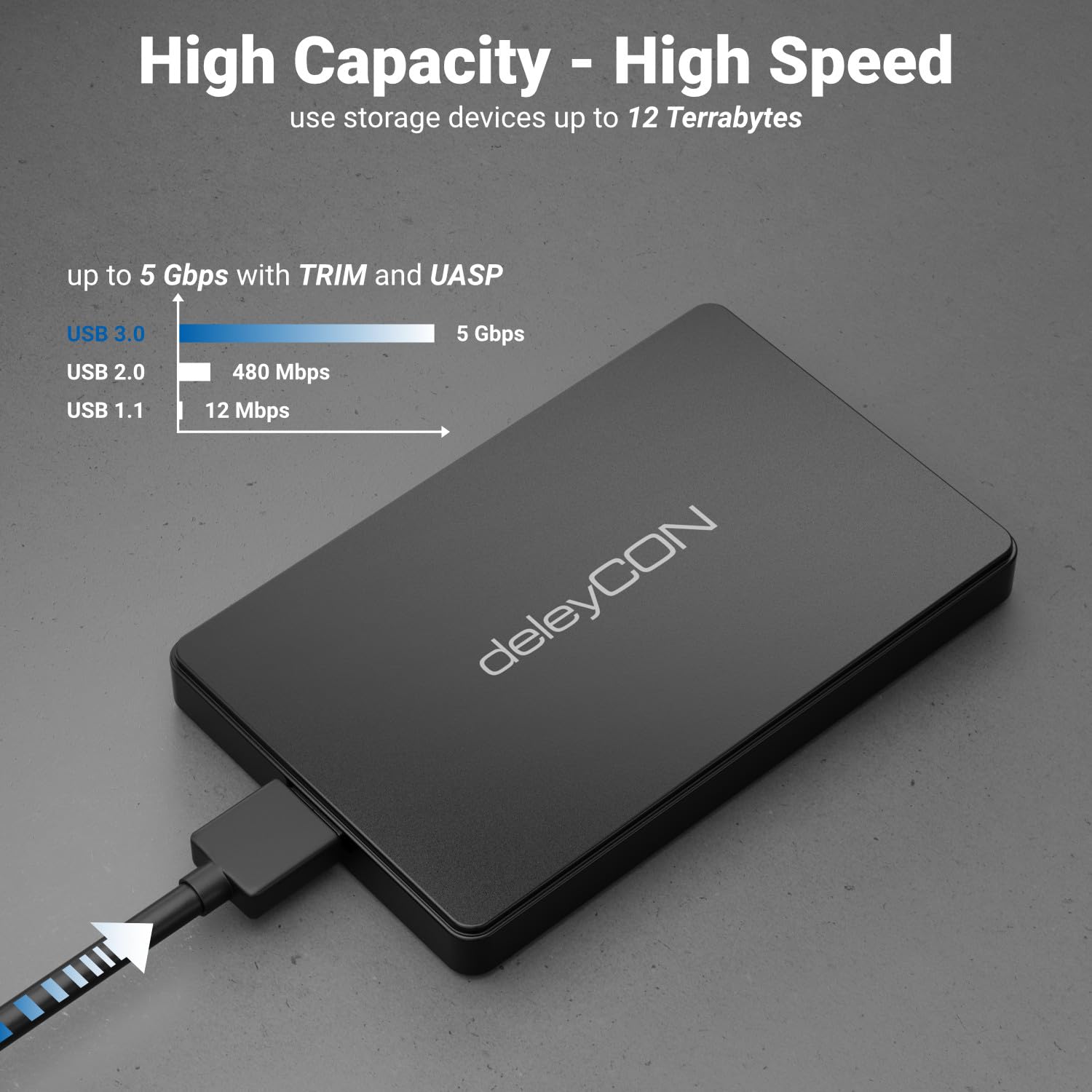 deleyCON Obudowa SSD USB C (5Gbps USB 3.1) do Dysków SATA 3 2,5" SSD / HDD / 7 mm do 9,5 mm SATA III Obudowa Zewnętrzna UASP [Czarna]