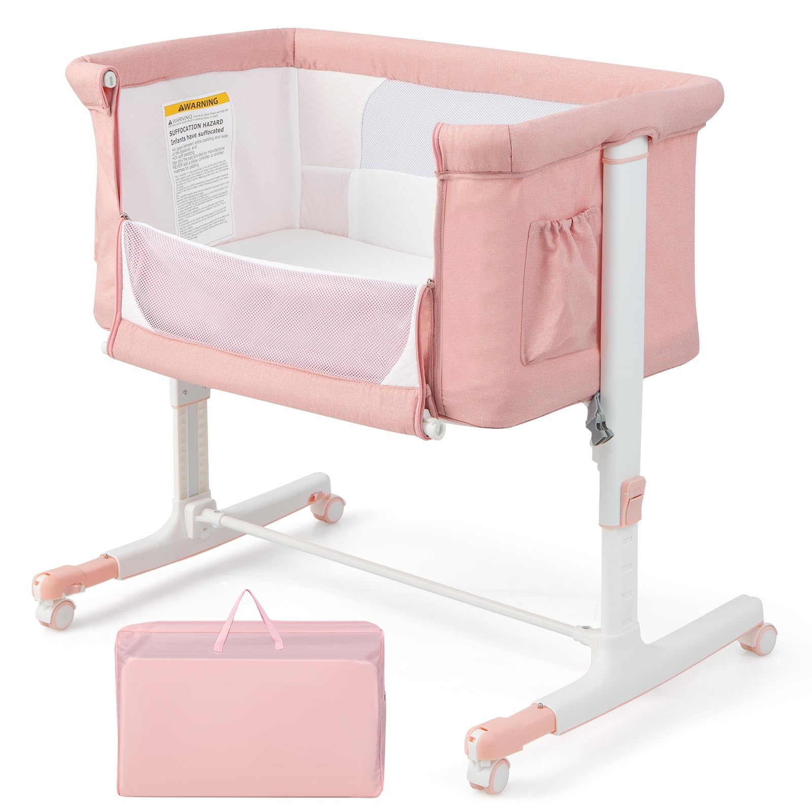 LIFEZEAL Berceau Cododo avec Roues Universelles et Matelas, Lit Parapluie Hauteur Réglable en 5 Positions, Lit d'Appoint avec Poche Latérale et Sac de Transport, 0-5 Mois (Rose)