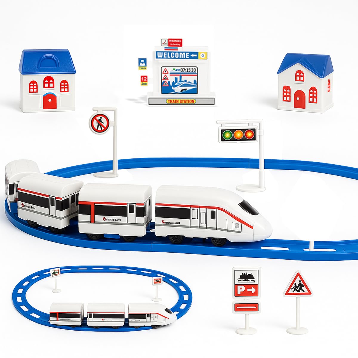 Toyana 24 PCs Toy Train Set for Kids, Electric Bullet Train, Realistic Railway with Tracks, Battery Operated Model Railway with Accessories, Imaginative Role Play Gift for Children 3+ Years