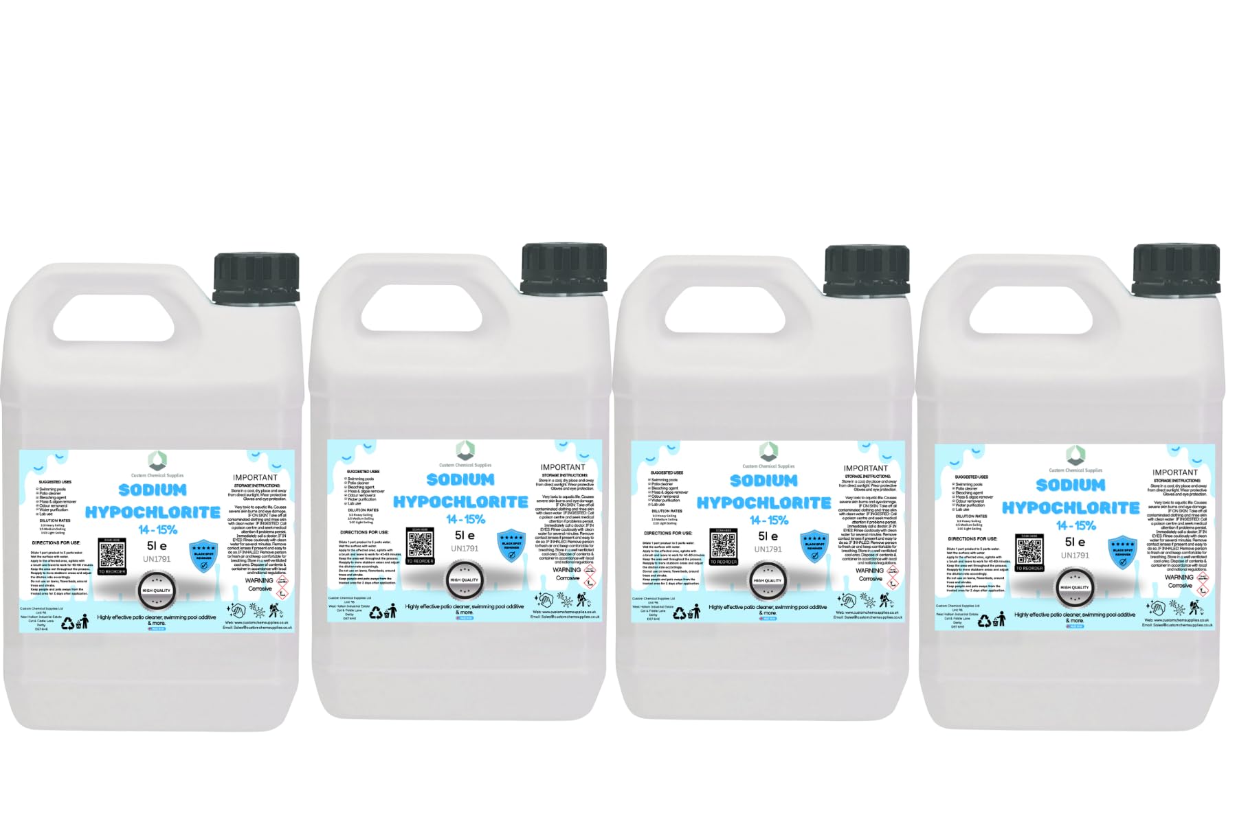 Customchem Sodium Hypochlorite 20 Litres Patio Cleaner (4x5L) | Extra Strong 14-15% Concentration | Swimming Pool Liquid Chlorine & Black Spot Remover | Bleach Solution