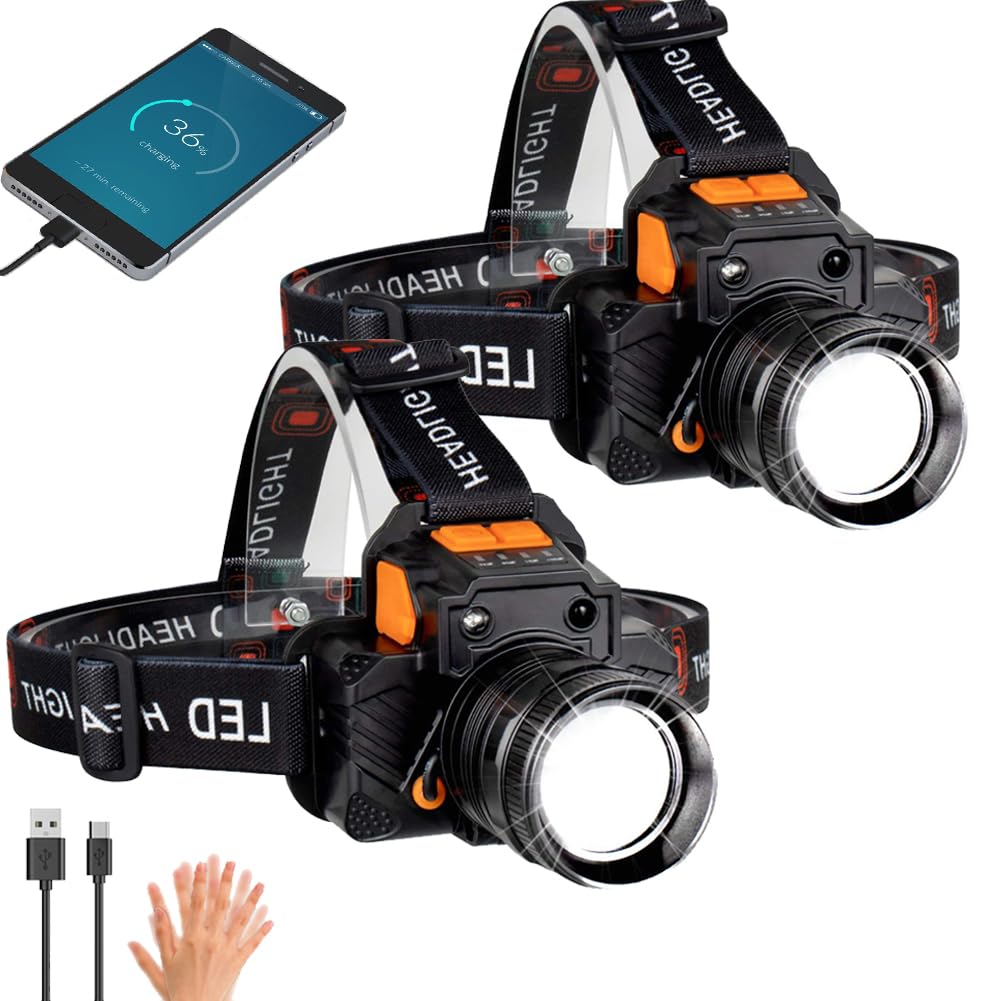 Rechargeable Headlamp, High Lumen Led Super Bright Headlamps, 3 Modes, Zoomable, Waterproof Headlamps for Running, Hiking, Camping, Adventures