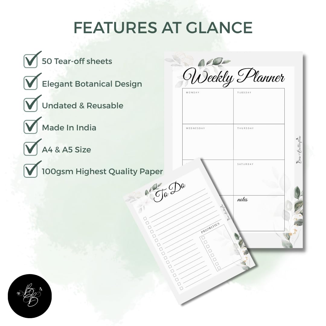 Bees and Butterflies A4 Weekly Planner & A5 To-Do List Combo (50 Sheets Each), Leafy Design Productivity Set for Office, Work, Study & Home | Elegant Organiser for Scheduling and Daily Task Planning 2