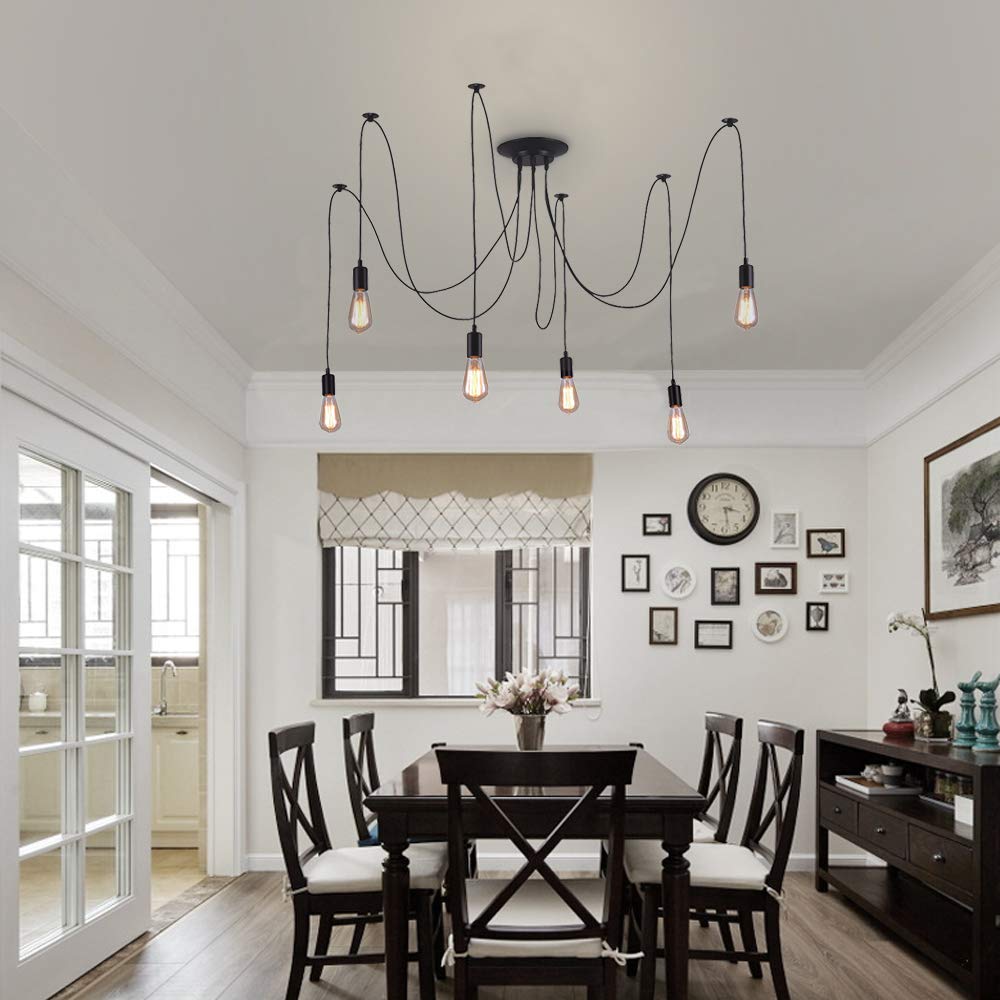 iDEGU Moderne et Rétro Lustre Suspension, 6 Bras Suspension Luminaire DIY Créatif Lustre Araignee Ajustable 150CM Vintage Lampe de Plafond avec E27 Douille, Noir, 6 Lumières