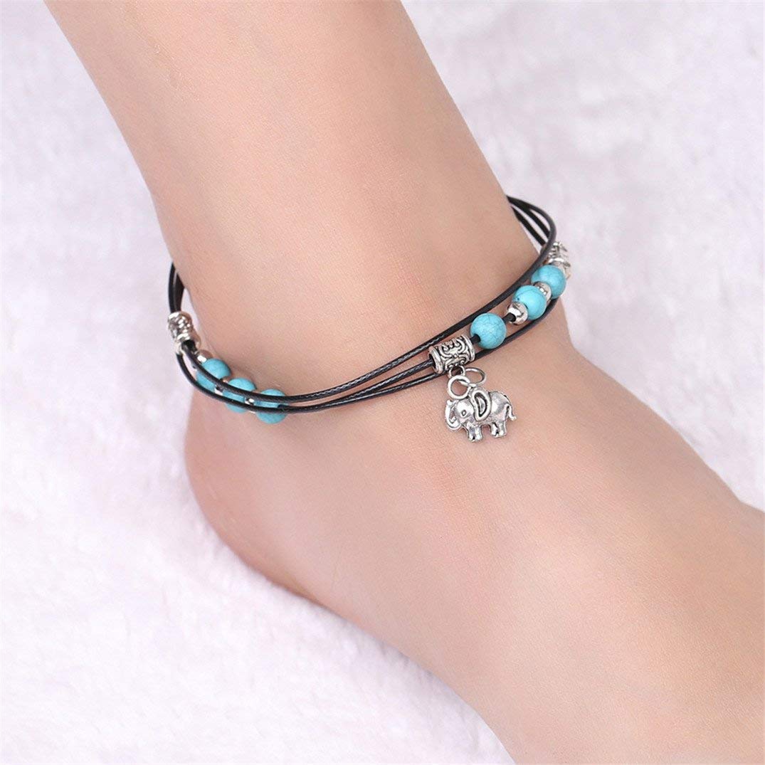 Braccialetti alla Cavigliera Regolabili per Donna, Cavigliera da Donna con Perline Turchese Intrecciate Fatte a Mano con Elefante, Cavigliera Estiva da Spiaggia Catena del Piede Portatile e Utile