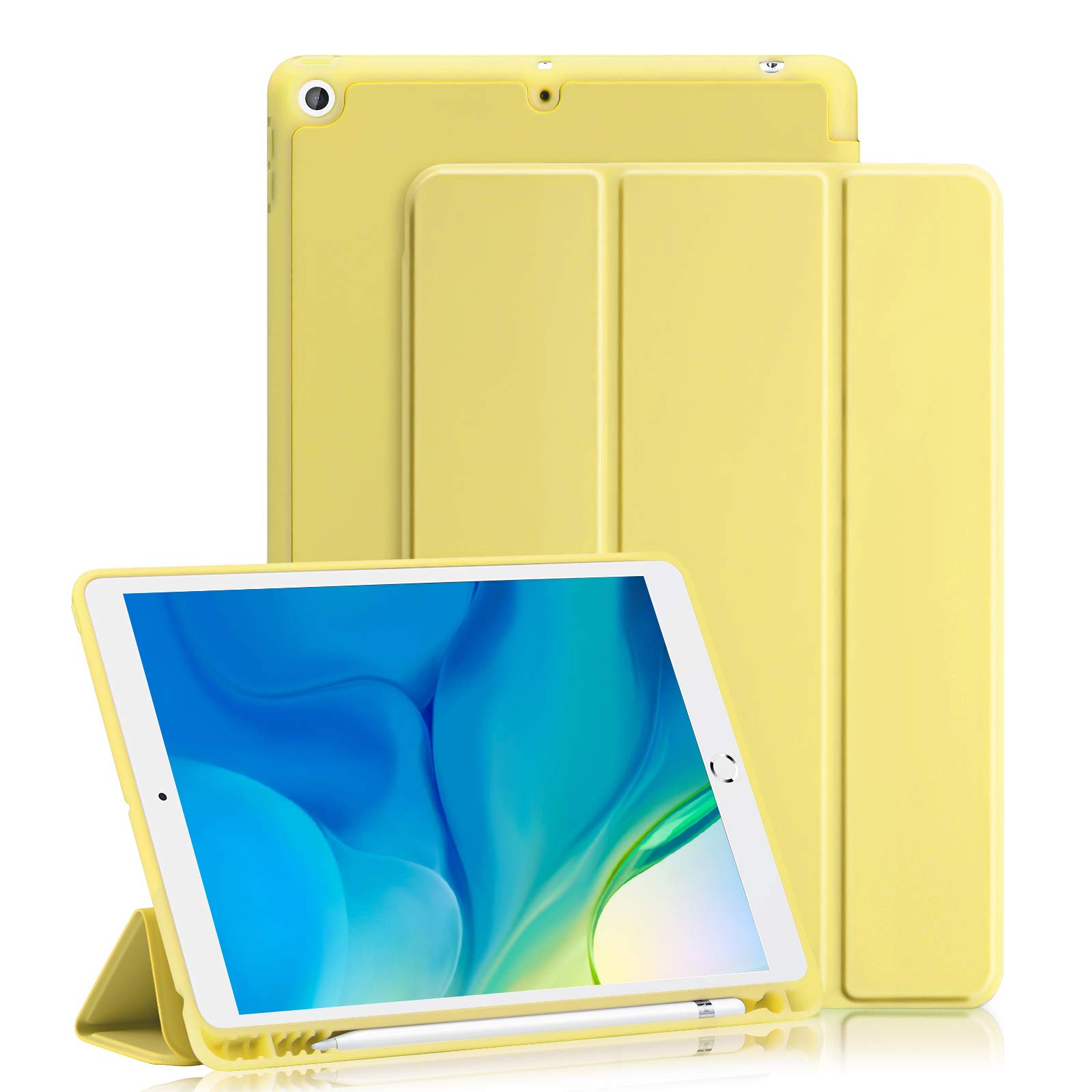 GHINL for iPad 9th/8th/7th Generation Case (2021/2020/2019) iPad 10.2-Inch Case with Pencil Holder [Sleep/Wake] Slim Soft TPU Back Smart Magnetic Stand Protective Cover Cases(Yellow)