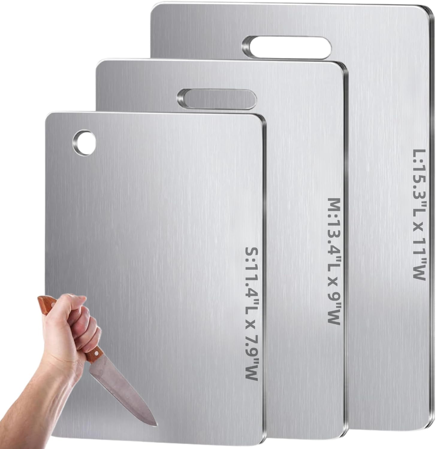 Titanium Cutting Boards for Kitchen-Dual-Sided Stainless Steel Cutting Board Hangable Design, Easy to Clean, Durable and Rust-Resistant for Meat Fruit & Vegetable Various Cooking Tasks (S+M+L)