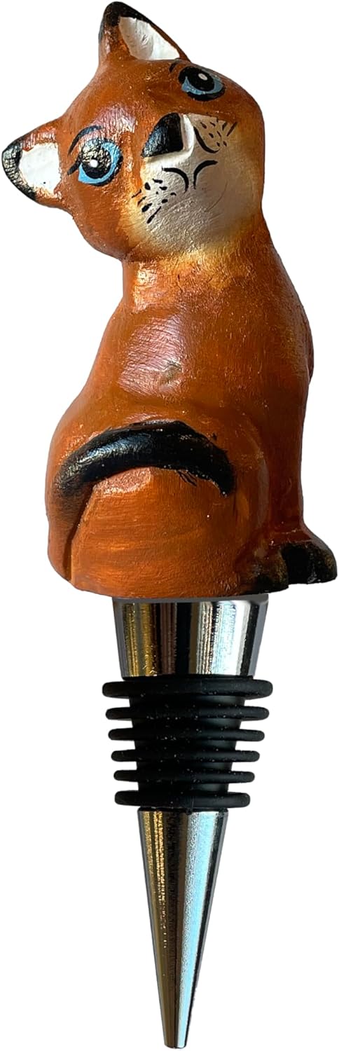 Set of 3 Cat Wine Bottle Stoppers, Hand-Carved Wooden Kitties, Reusable Beverage Stoppers with Airtight Rubber Seal, Novelty Gift - Image 3